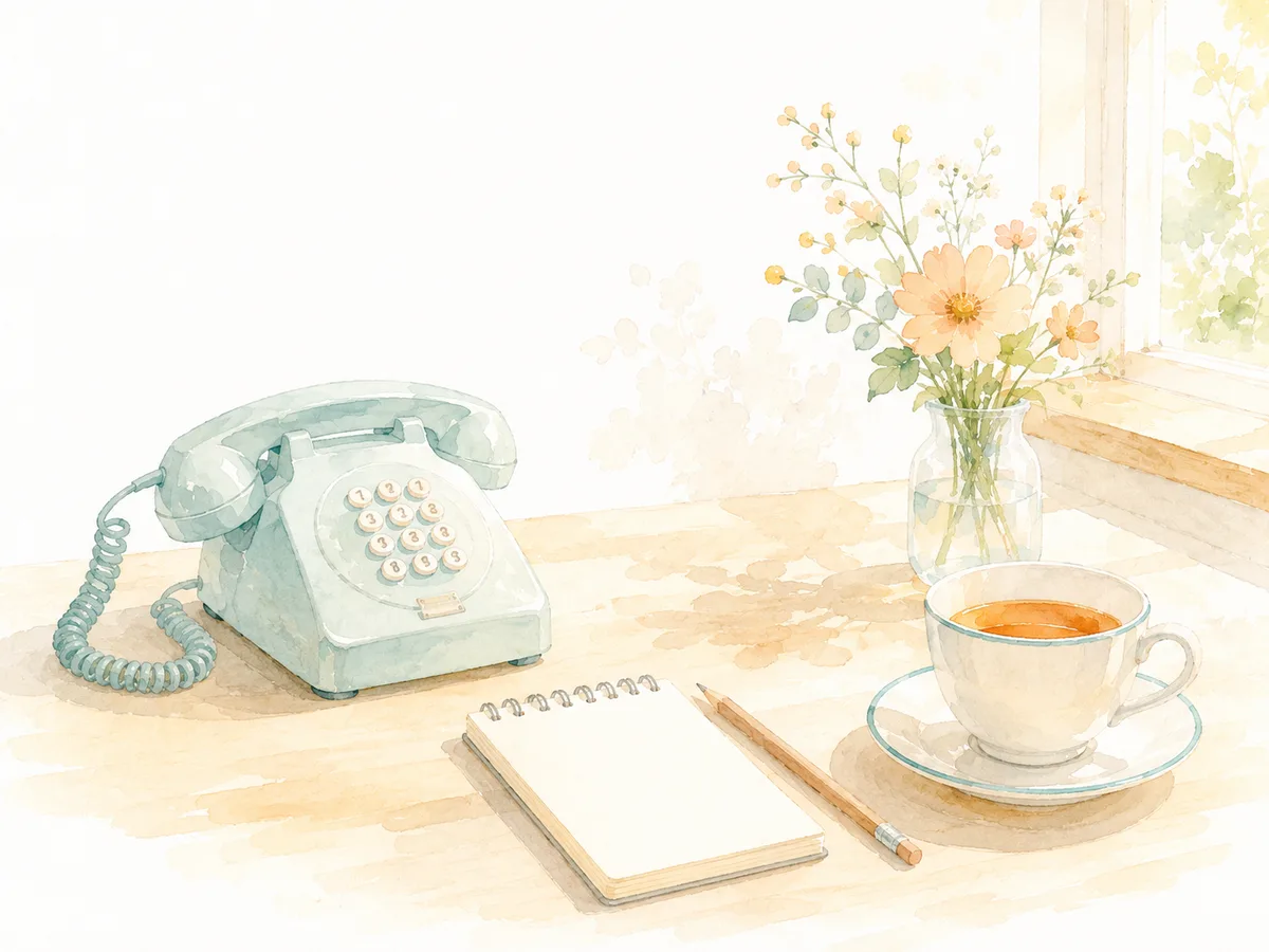 電話とメモ帳とお茶が置かれた机の水彩イラスト