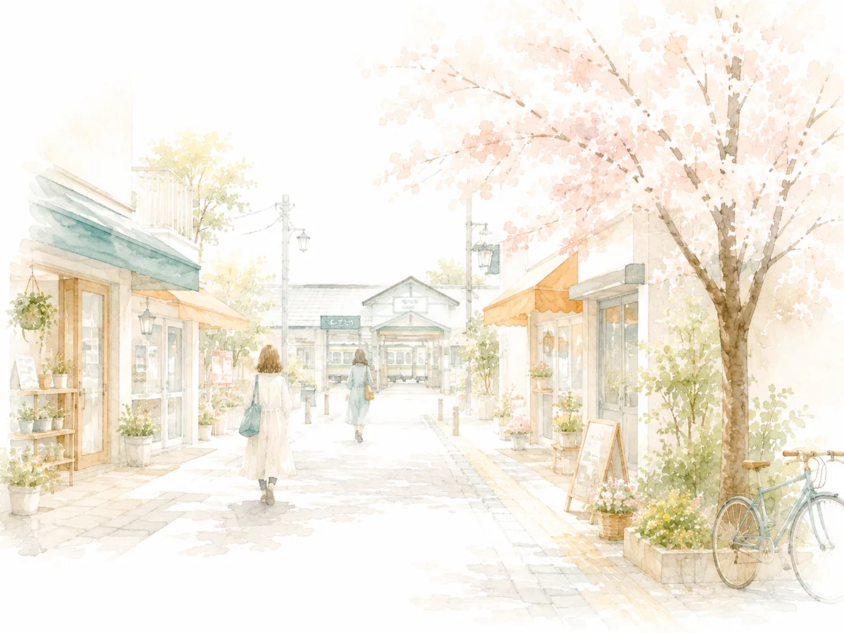 駅前の商店街と桜並木の水彩イラスト