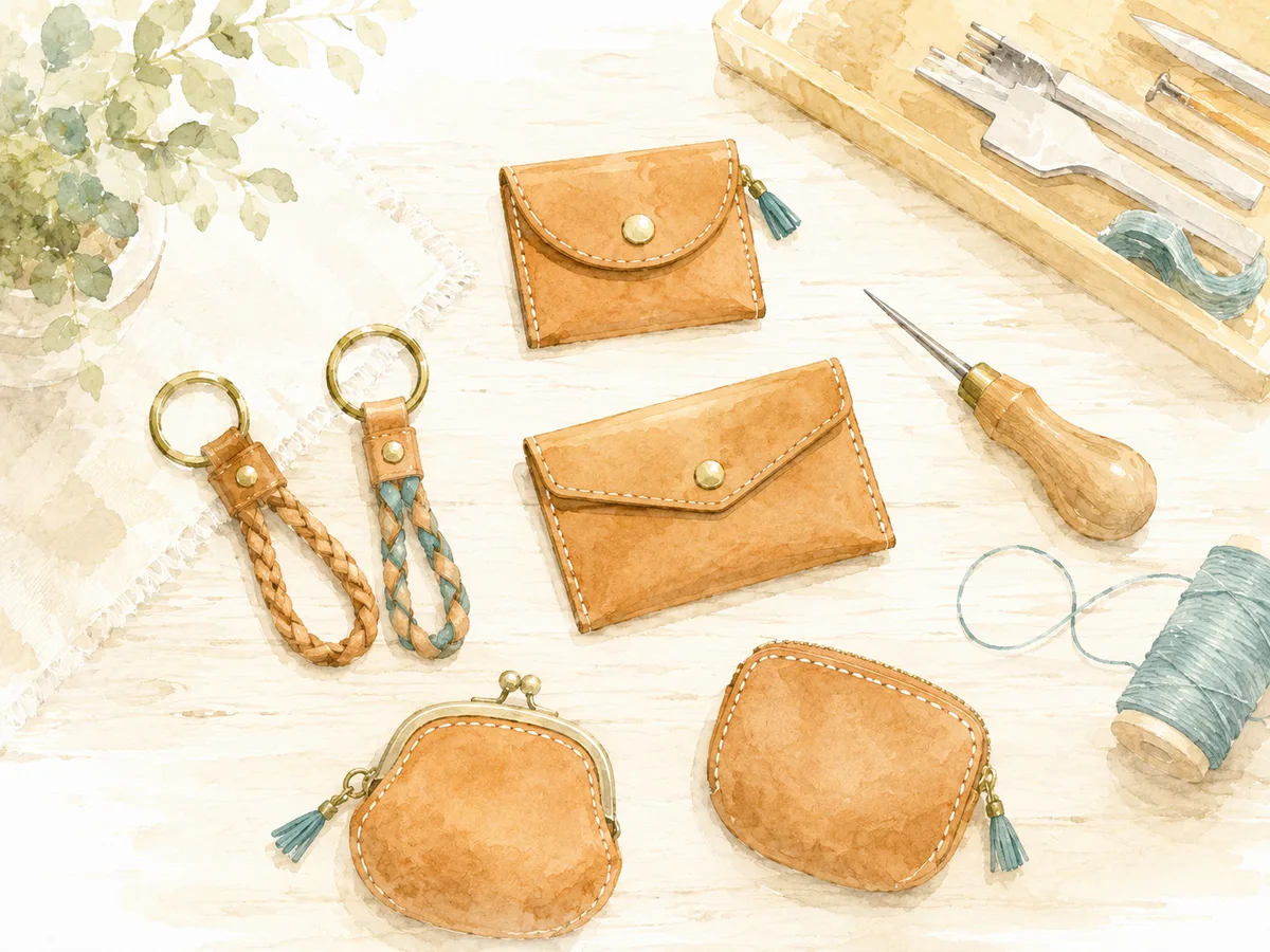 手作りの革製品（キーリング・小銭入れ）と道具の水彩イラスト