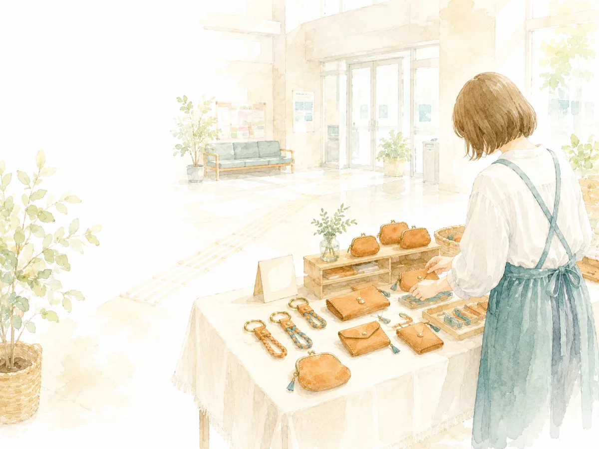 区役所ロビーの販売ブースに革製品を並べる様子の水彩イラスト